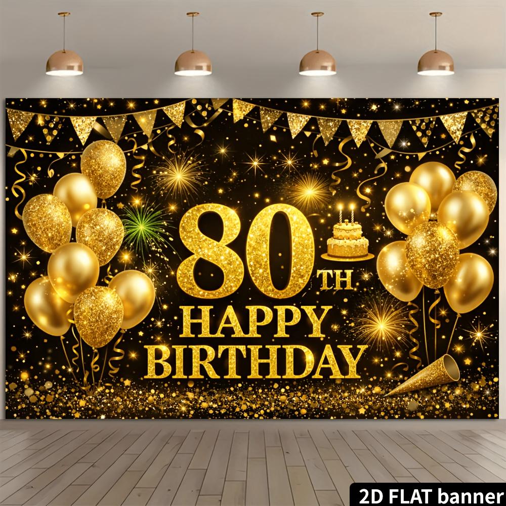 2D plane 80th birthday party banner background fabric - black and gold glitter theme family gathering