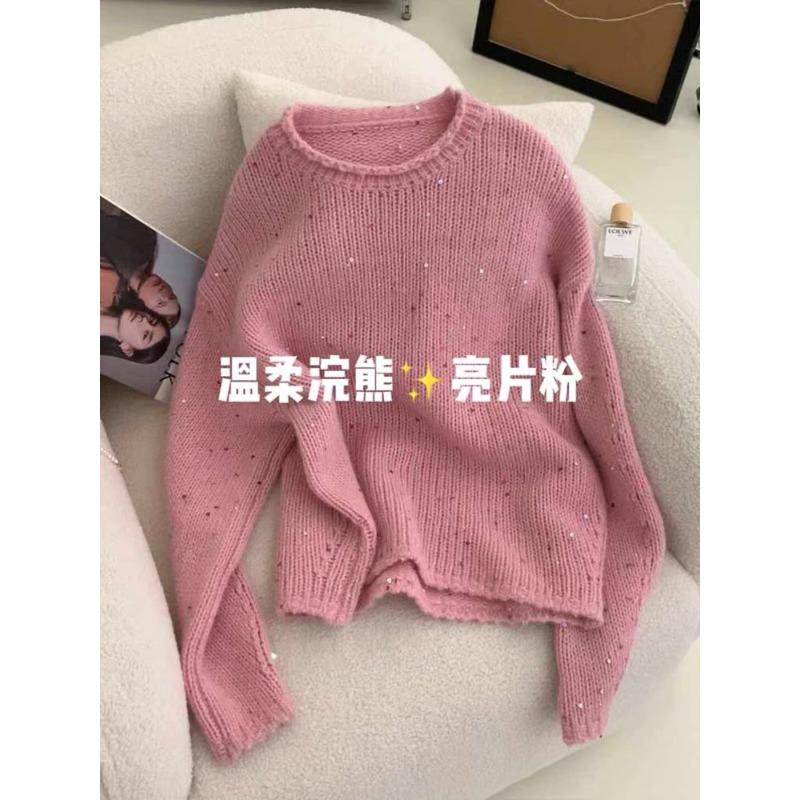

High-end autumn and winter new women s clothing matching top, beautiful pink knitted pullover sweater one size fits all рожевий