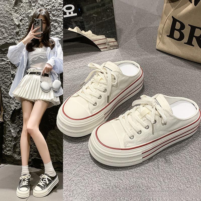 2025 Sommer Damen Canvas Plateau Dicke Sohle Slipper Erhöht Weiß Indoor Outdoor Freizeit Pantoletten Stilvolles Trendiges Design