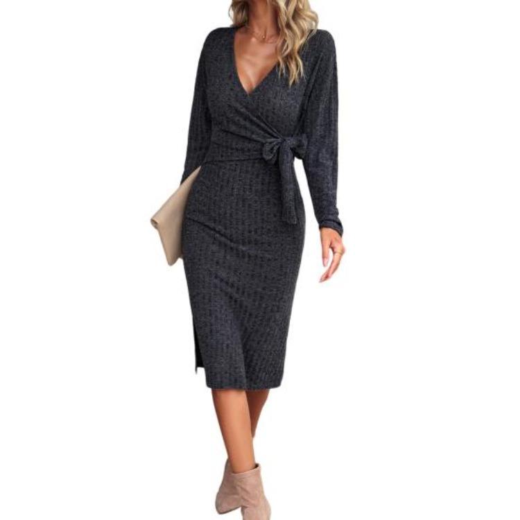 Women's Casual Dresses - Women Knitted Midi Dress Spring Fall Slim Fit Sheath Cross V Neck Lace Up Long Sleeves Knee Length Elastic Dress
