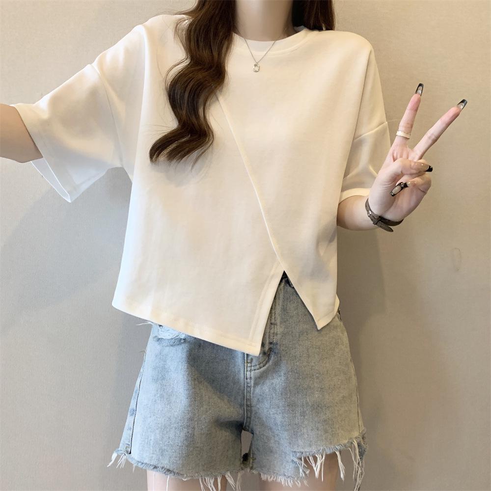 

Женская футболка с коротким рукавом и неровным подолом в корейском стиле - Трендовая летняя модель свободного кроя, нишевый дизайн Large белый