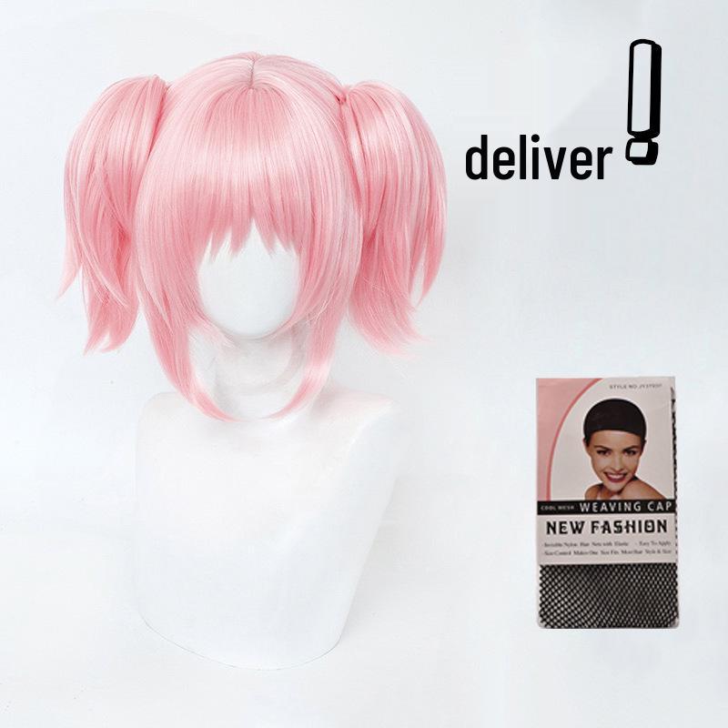 Kaname Madoka Cosplay Wig - Pink Short Straight Hair with Pigtails and Headgear