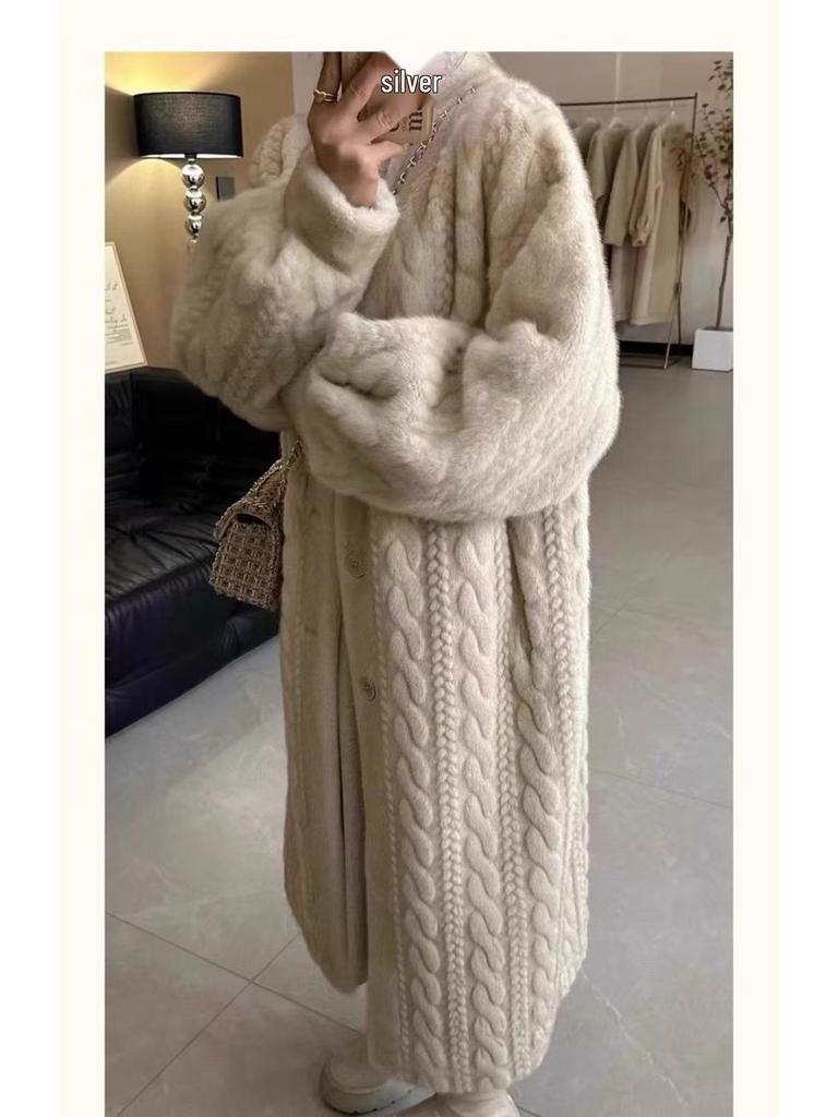 Damen Herbst/Winter 2024 Nerz Plüsch Strick Langer Cardigan Pelzmantel