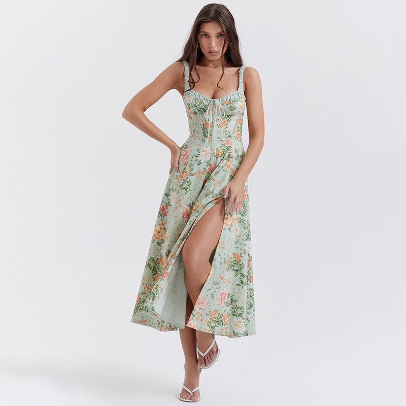 Suspender split flower dress women s European and American short-sleeved summer temperament waist thin long dress fashion temperament S