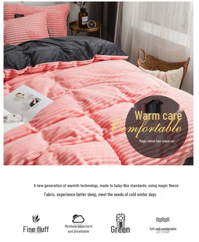 Weishang Thickened Crystal Velvet Four-Piece Set: Solid Flannel Duvet Cover & Warm Bed Sheet