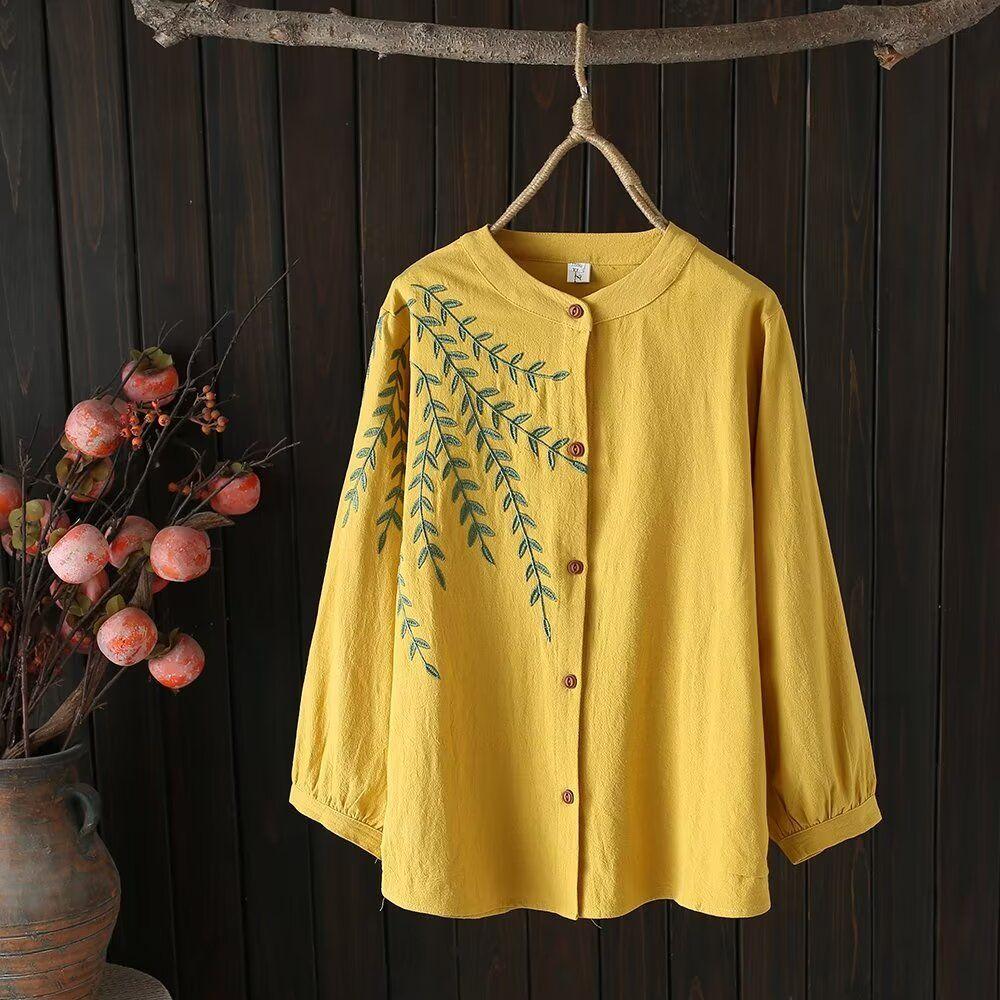

Хлопковые и льняные топы-рубашки, женские вышитые рубашки больших размеров, вышитая свободная китайская женская одежда больших размеров XXXXL жёлтый