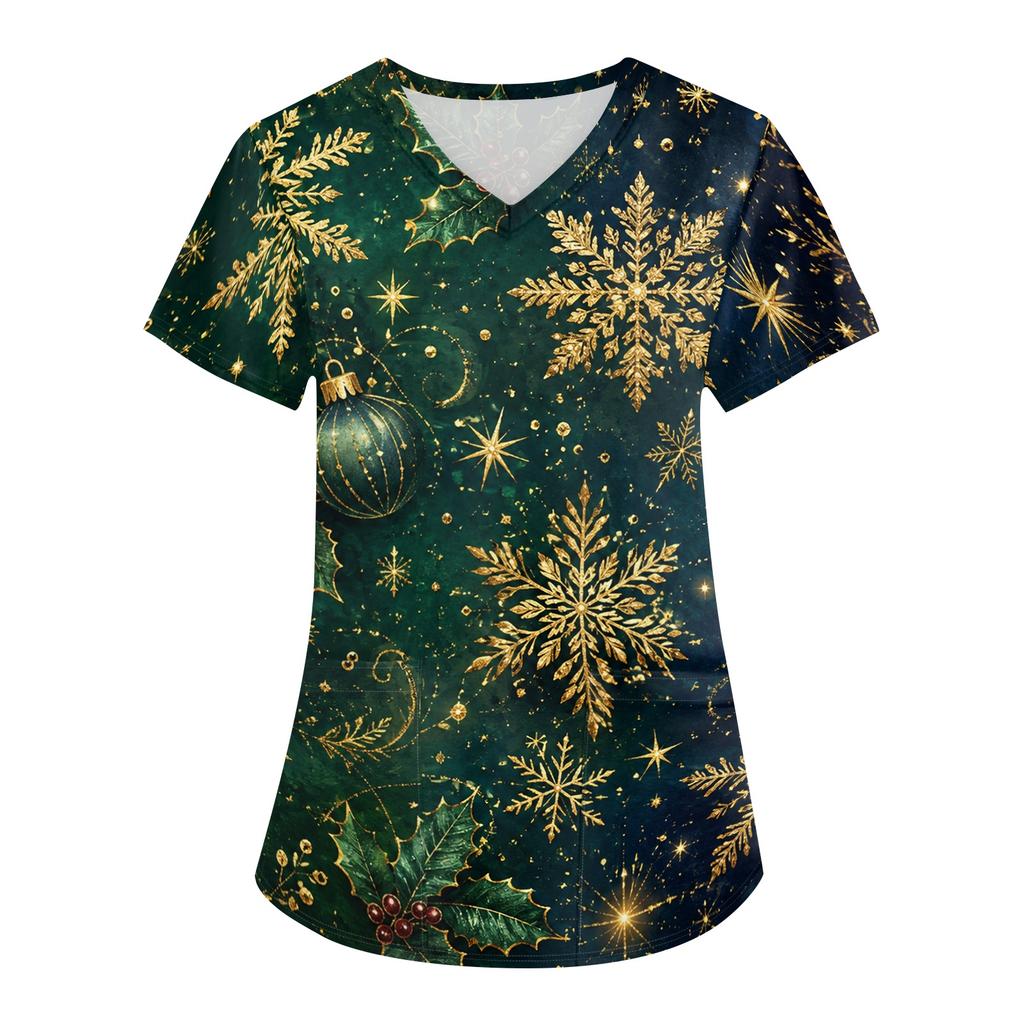 Women's Christmas Uniform V-Neck Short Sleeve Work Top for Caregiver