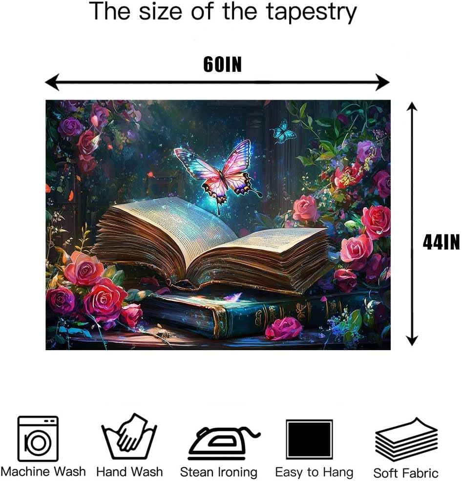 Magic Book Tapestry Pink Floral Dreamlike Butterflies Wall Hanging Tapestries for Bedroom Living Room College Dorm Aesthetic