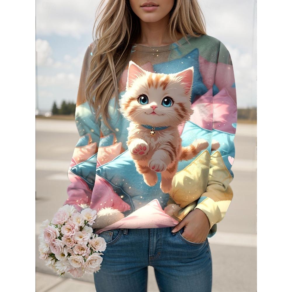 Fashion Women's Cute Cat Graphic Sweatshirt 3D Printed O-Neck Long Sleeve Tops Women's Apparel Y2K Streetwear Fall Pullover