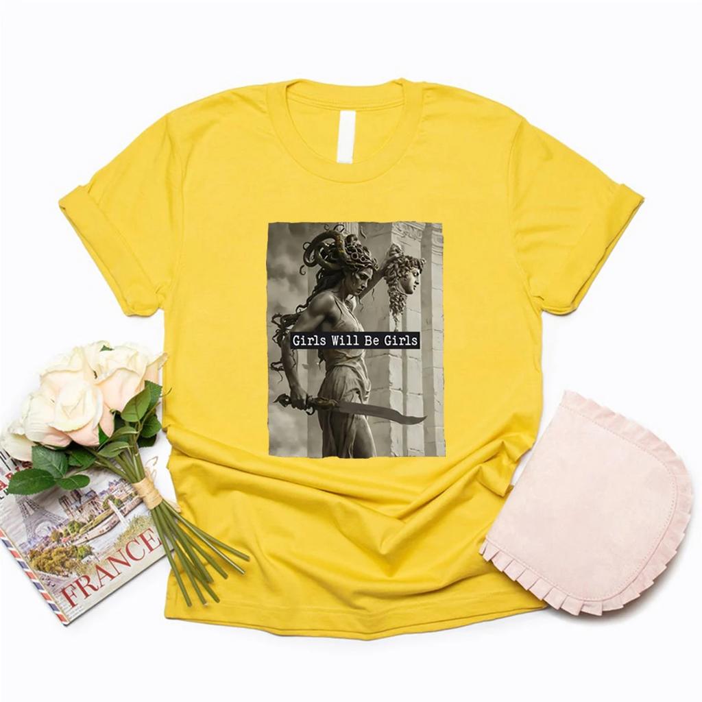 Girls Will Be Girls T-Shirts Feminist T Shirt Women's Empowerment Tee Vintage Casual Short Sleeve Tshirt Feminism Gift for Women