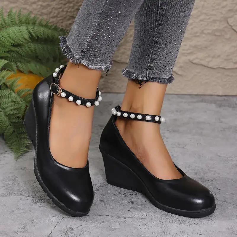 Elegant Ladies Pearl Ankle Strap Wedge Shoes for Women Autumn 2025 Black Pu Leather Office Pumps Woman Comfort Soft Mary Janes