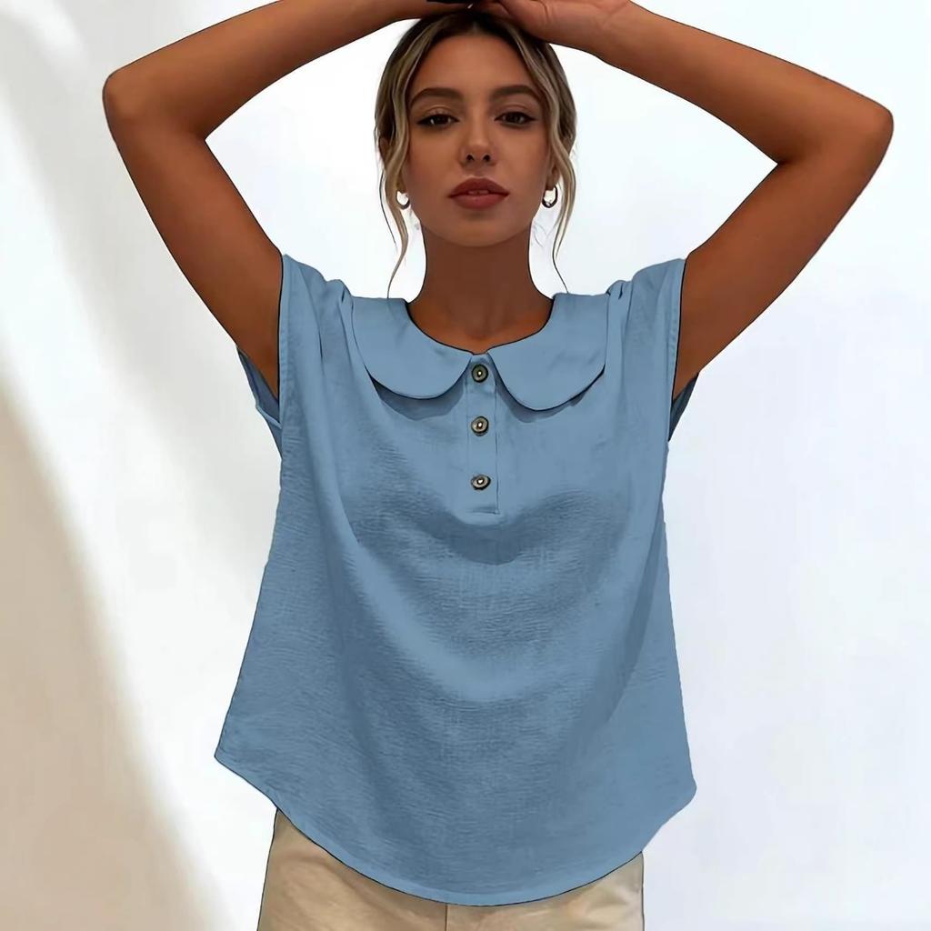 Summer Solid Color Short Sleeve Lapel Button Women's Shirt Blouse, European & American Style Crossbody Women's Top for JOOM Leisure