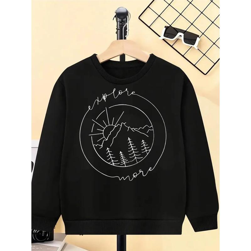 Girls' Soft Round-Neck Sweatshirt & Long-Sleeve T-Shirt - Nature Adventure Top with Mountain, Sun, Trees Print | All-Season Casual Wear