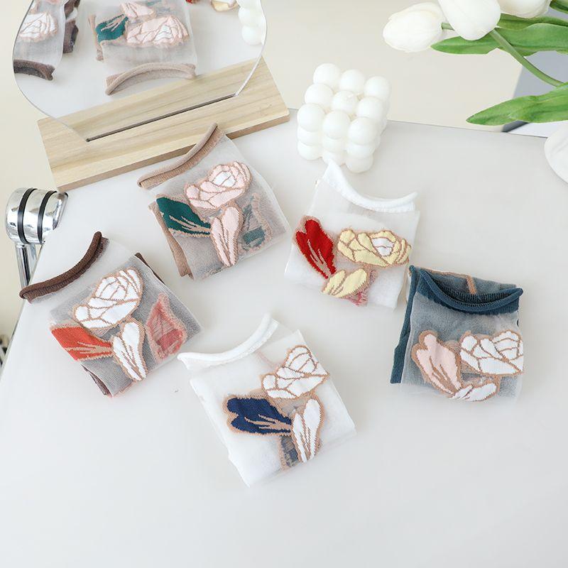 1/3/5/10 Pairs See Through Transparent Nylon Long Socks Women Summer Ultra-thin Breathable Crystal Silk Socks Embroidery Floral Cute Lace Socks