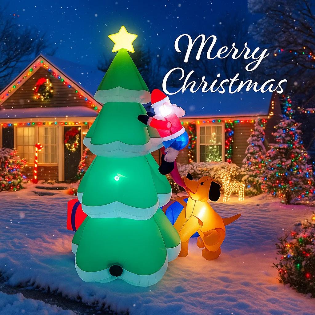 6.8FT LED Inflatable Xmas Yard Decor Santa Climbing Tree with Dog Gift Boxes Christma Decoration Supplies Home Ornament Toy Gift