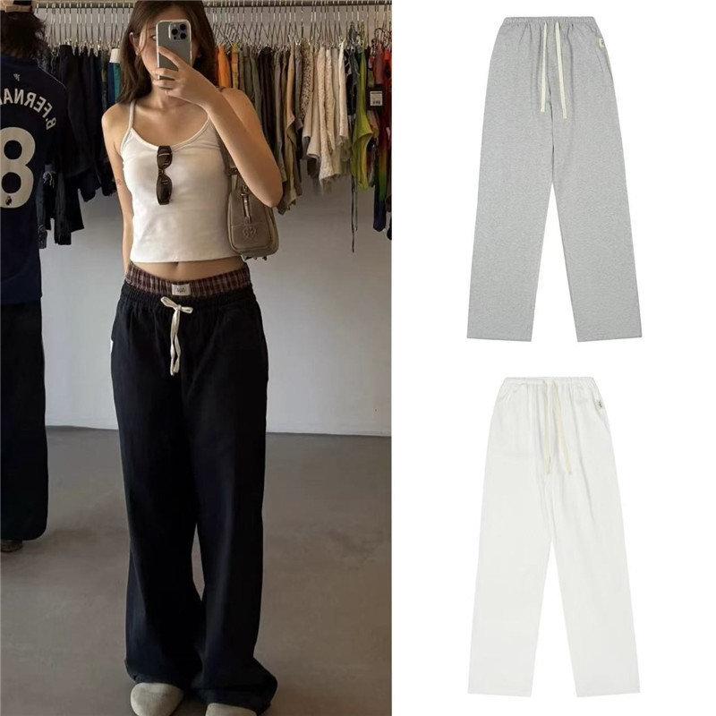 Women's Drawstring Elastic Waist Wide Leg Straight Pants Loose Fit Korean Casual Cotton Sweatpants
