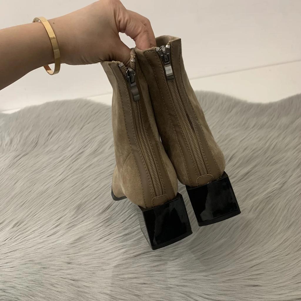 Woman Ankle Boots Fashion Fur Suede Mid Heel Short Boots Autumn Winter Ladies Elegant Square Toe Back Zippers Botas Mujer 2025