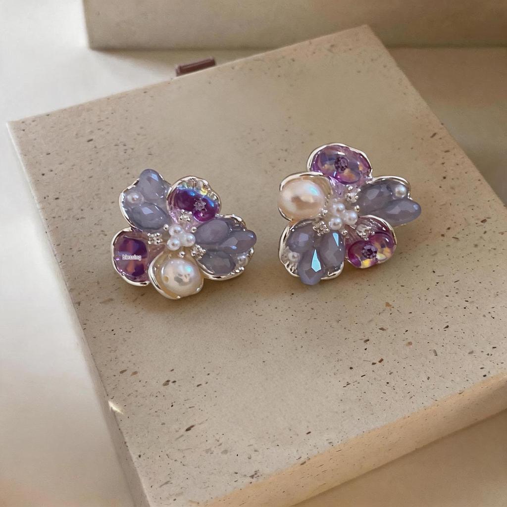 Silver Needle Zircon Pearl Crystal Flower Stud Earrings - Exquisite Light Luxury Jewelry