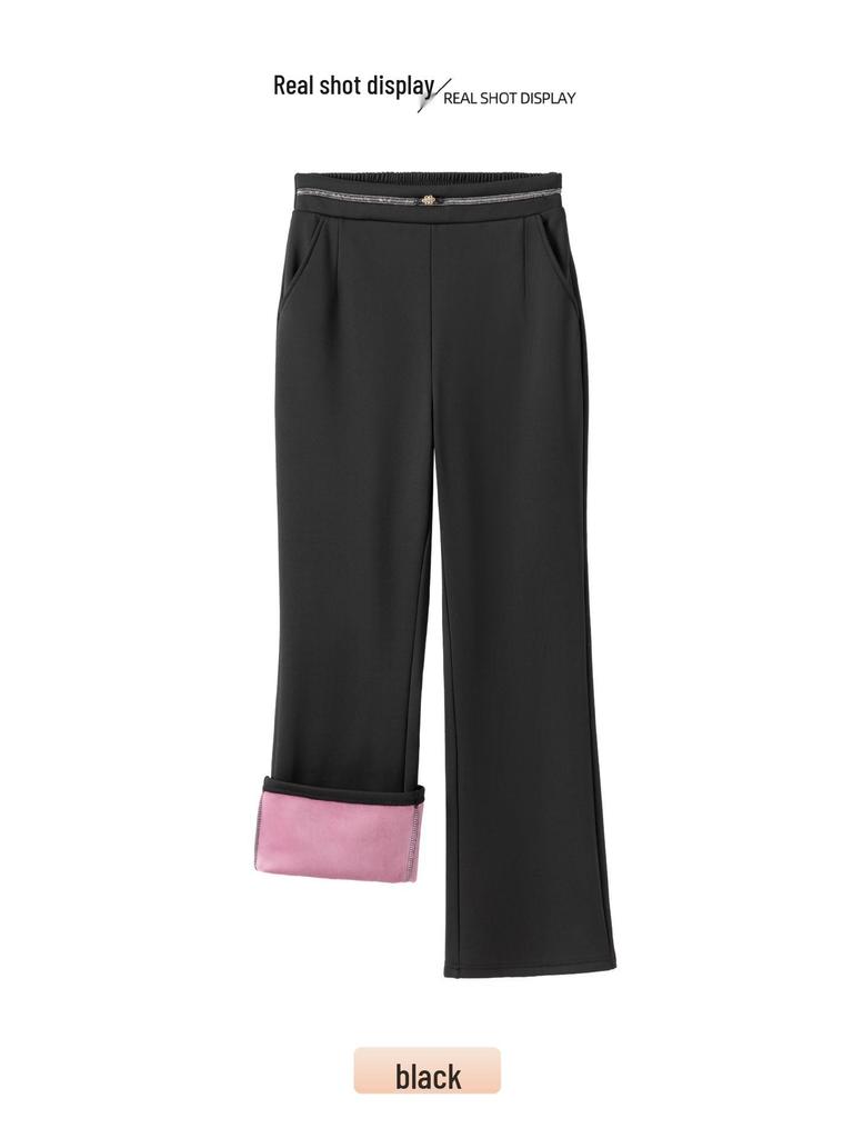 Plus Size Winter Fleece-Lined Silk Flare Pants for Middle-Aged and Elderly Women