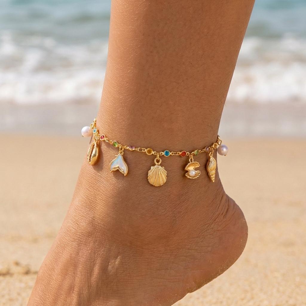 

Colorful Crystal Zircon Metal Chain Anklets for Women Bohemia Starfish Shell Conch Tassel Bracelet On The Foot Beach Zircon
