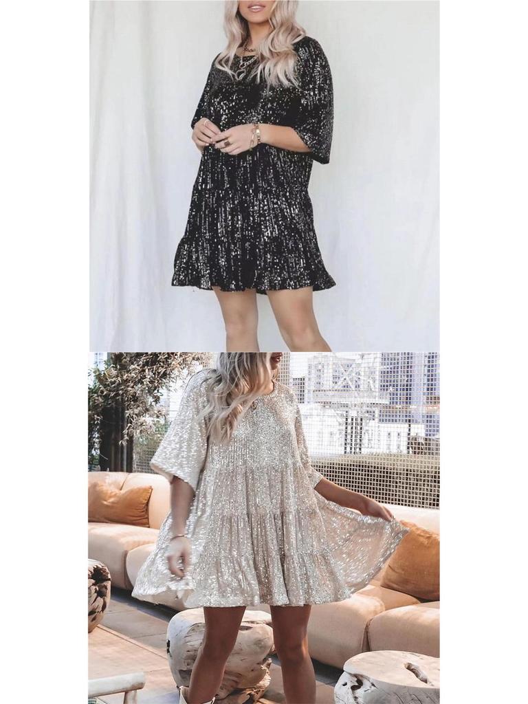 Euro-American Sequin Colorblock Evening Gown: Short Sleeve, Loose Fit, Round Neck