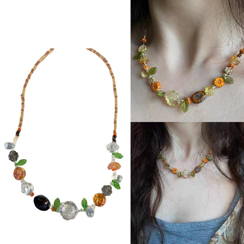 Nature Inspired Floral Bead Necklace Sophisticated Resin Adjustable 45cm Chain Elegant Everyday Accessory