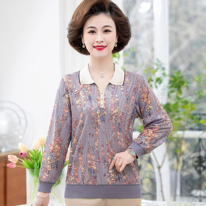 

Весенний топ женский бабушкин лацкан цветочный пожилая одежда женский весенне-осенний материнский базовый свитер новый 3XL (recommended 125-70kg) фиолетовый