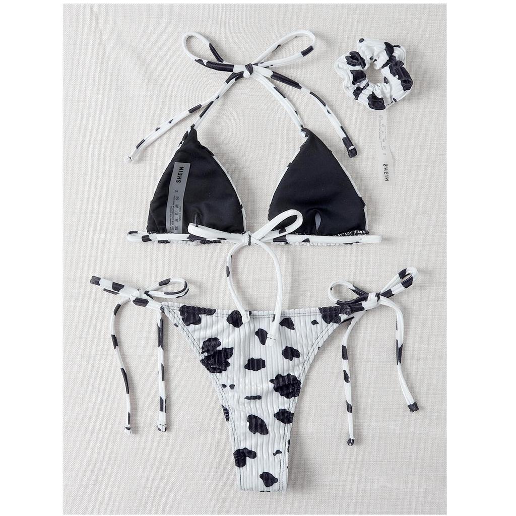 Women Sexy Triangle Oversize Split Bikini Suit Set Tie Side G-String Thong Swimsuit Halter Ribbon Dot Print
