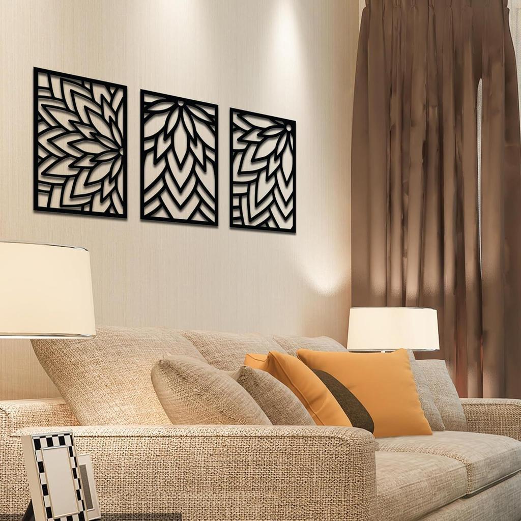 Pre-Laminated Pine Wood Flower Pattern Wall Art | Laser Cut Precision | For Home Décor | For Gifting (Set of 3)