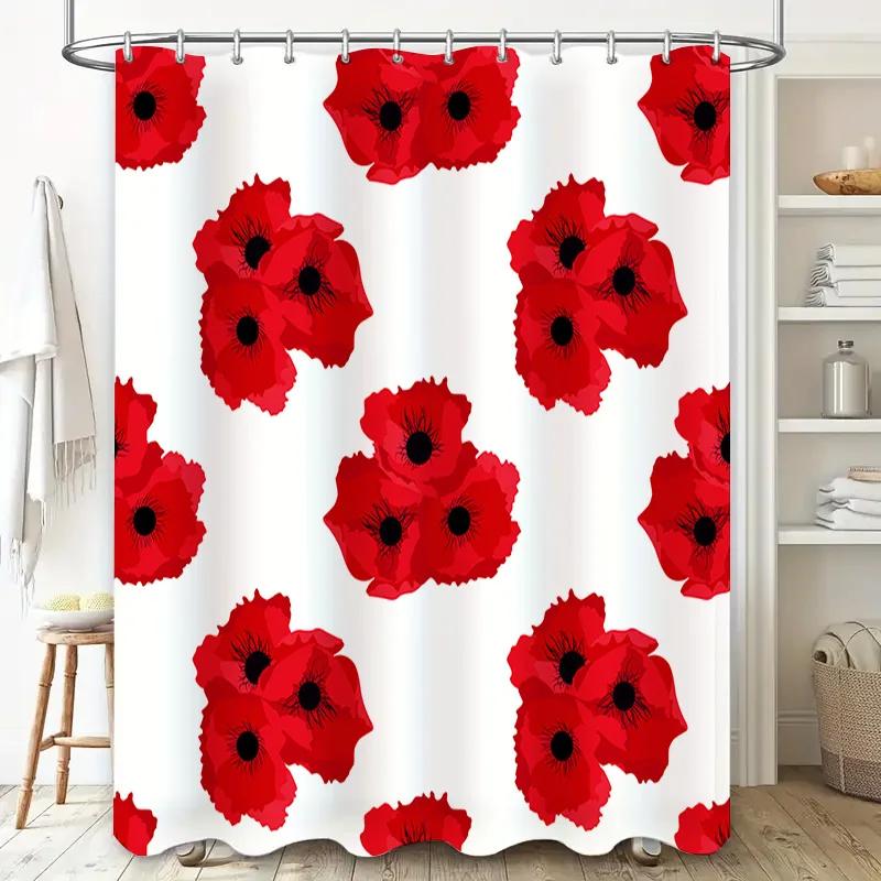 Red Poppy Shower Curtain Waterproof Fabric Decor for Bathroom Walls 3D Printed Design Available in Multiple Sizes