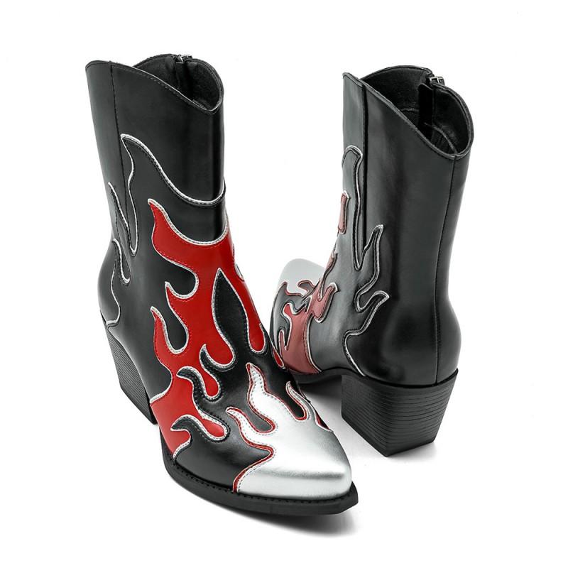 Womens Pointed Toe Chunky Heel Mid-Calf Fashion Boots In Colorblock Design PU Upper With Side Zip Size 36-41