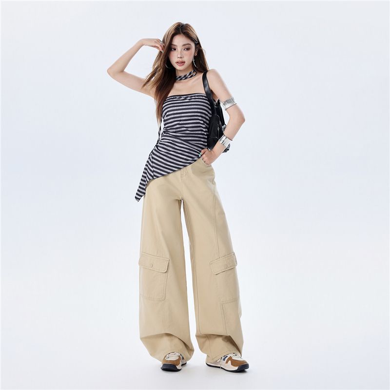 Early Spring Pure Cotton Military Green Comfort Relax Drape Saber Cut Scythe Cargo Denim Pants For Ladies Casual Pants Oversize Denim Trousers