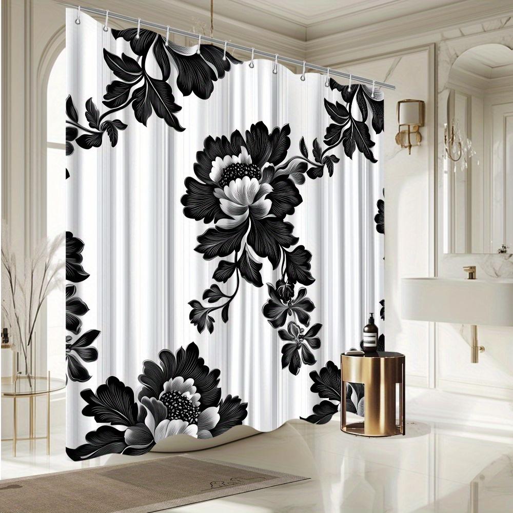 Black & White Peony Floral Shower Curtain - Elegant Bathroom Decor With 12 Hooks