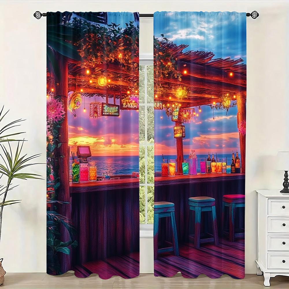 

2pc, Curtain Hawaiian Beach Machine Washable Fabric,Without Electricity summer party decorations Perfect for Holiday 29x65in(75x166cm)