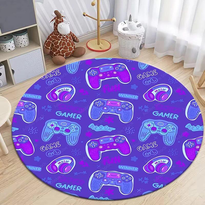 Game Controller Round Area Rug Cartoon Gamer Carpet Rug for Living Room Children's Bedroom Sofa Decor Non-slip Floor Mat
