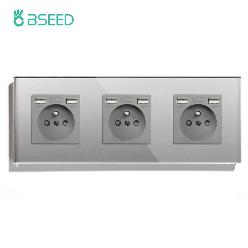 BSEED Single French Wall Socket Double Power Sockets Triple Electric Sockets With Type-c Double USB Charing Ports  Glass Frame