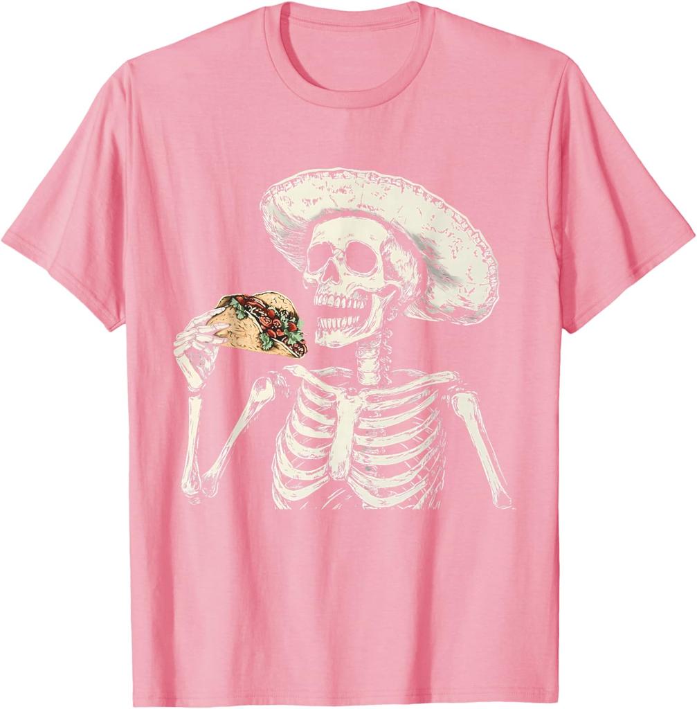 Skeleton Eating Taco Sombrero Graphic Tee Mexican Dia De Muertos Lover Casual Cotton T-Shirt