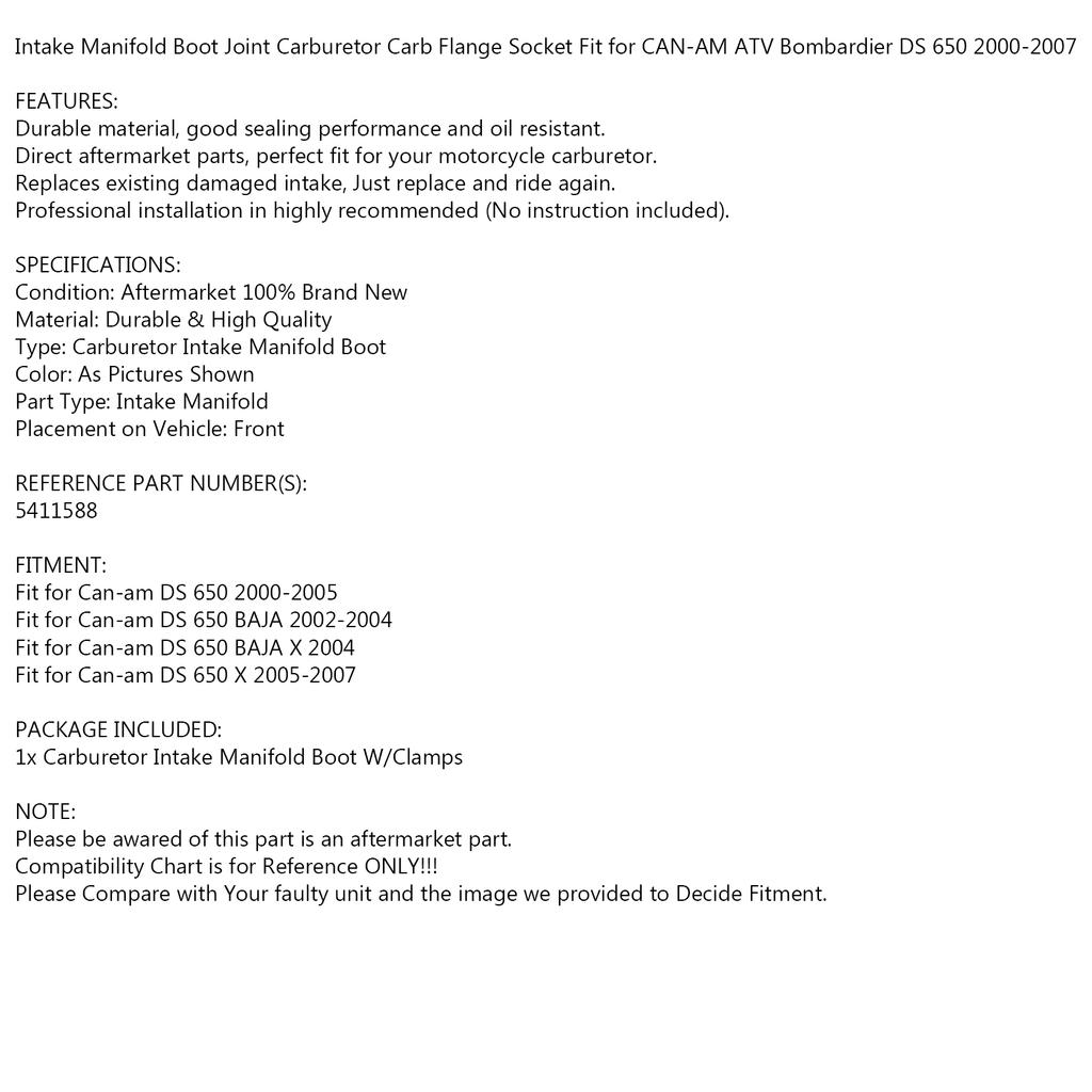 Rubber Carburetor Boot Flange W/Clamps Fit for Can-Am Bombardier DS650 2000-2007