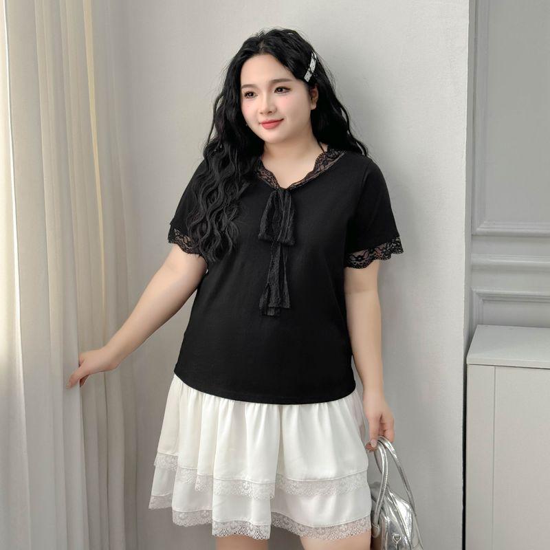 

Plus size women clothing [French style Street T-shirt] Preppy Lace Stitching Bow 100.00kg Summer Short sleeve Top Night Sky Black 3XL