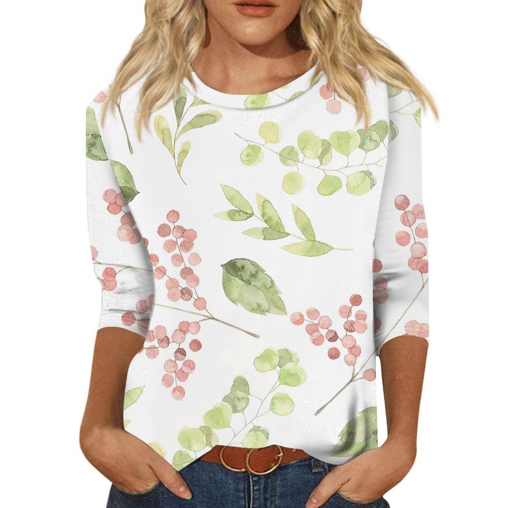 2025 New Women's Flower Fashion Print Long Sleeve T-shirt Sports Leisure Cute Polyester Ultra-thin Round Neck Long Sleeve