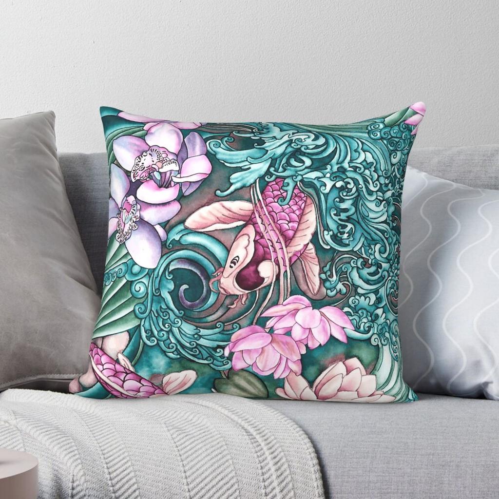 Koi Fish Pond Square Pillowcase Polyester Linen Velvet Printed Zip Decor Throw Pillow Case Sofa Seater Cushion Cover