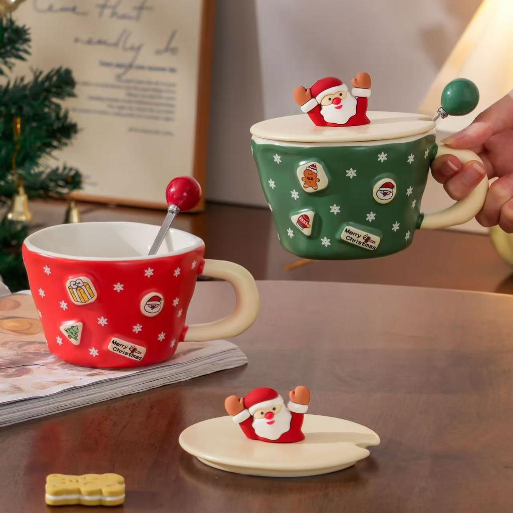 Embossed Santa Claus Mug With Lid Spoon High Value Christmas Cartoon Creative Christmas Gift Ceramic Cup