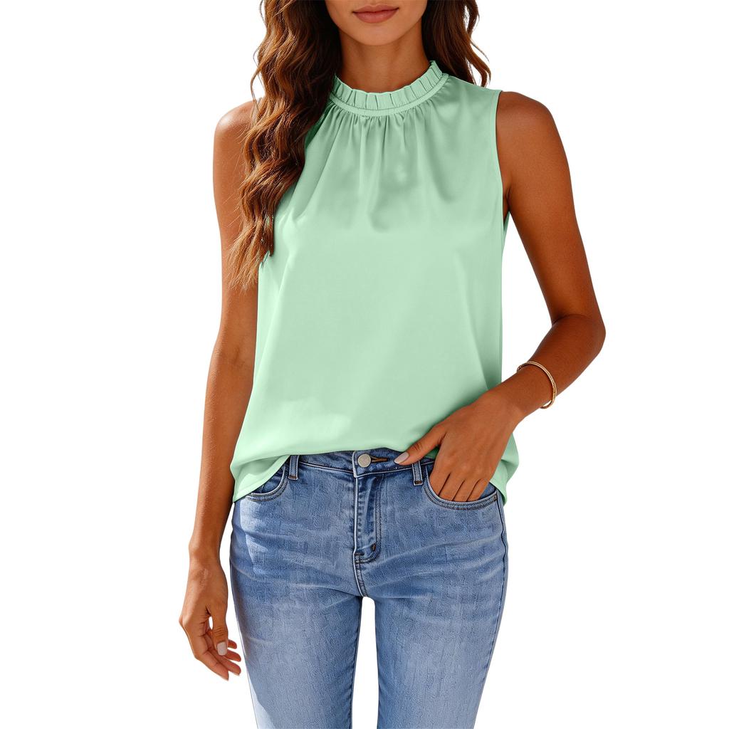 Women's Satin Fashion Casual Ruffled Neck Sleeveless Vest Top