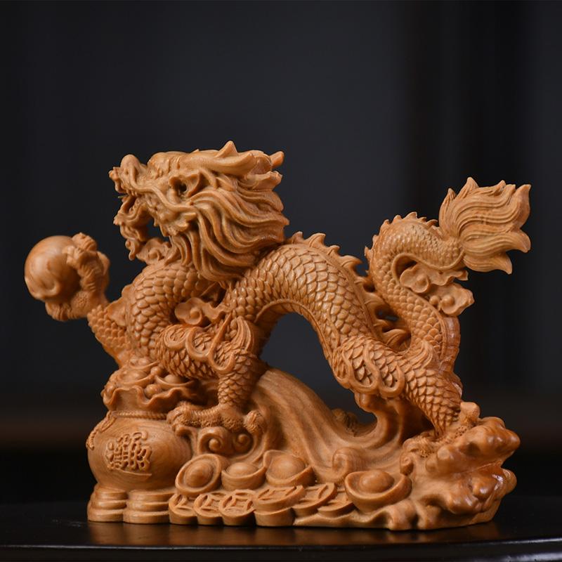 Massivholz Schnitzerei Chinesische Drachen Skulpturen Figuren Glücksbringer Tiere Haus Zimmer Büro Tischdekoration und Zubehör