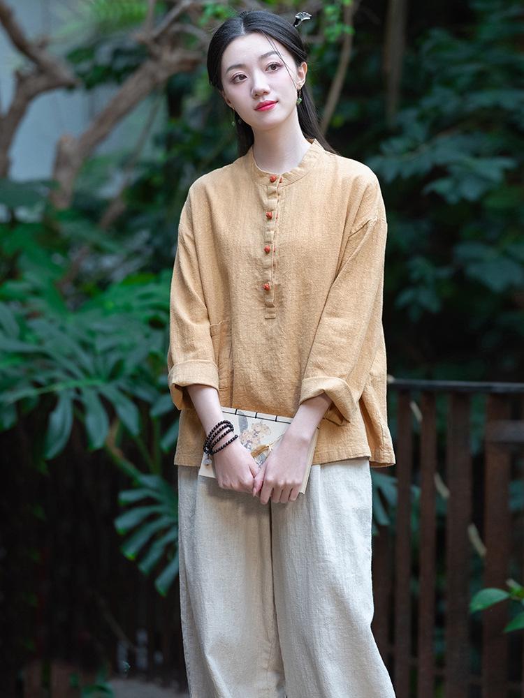 Women's Cotton Linen Zen Meditation Suit with Frog Button Shirt