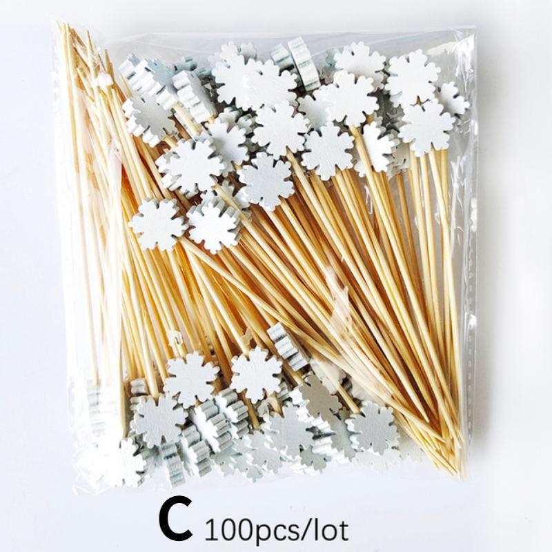 100Pcs Christmas Disposable Bamboo Skewers Food Picks Fruit Fork Christmas Party Cake Dessert Salad Sticks Toothpick Skewer