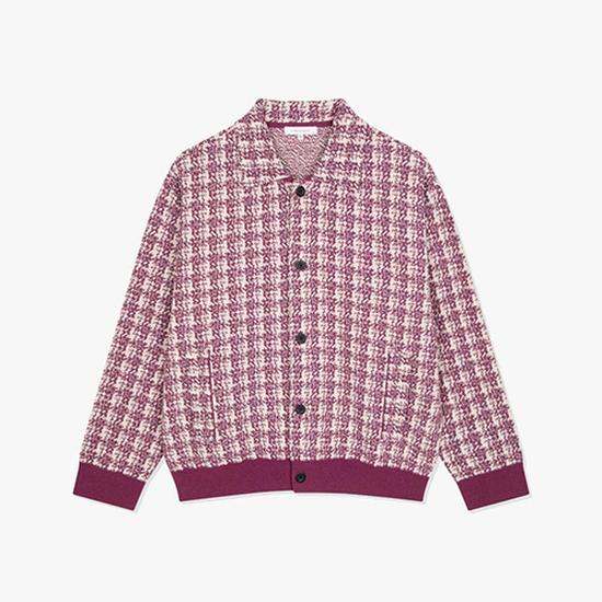 LKS51314 Purple Check Jacquard Button-up Knit Cardigan