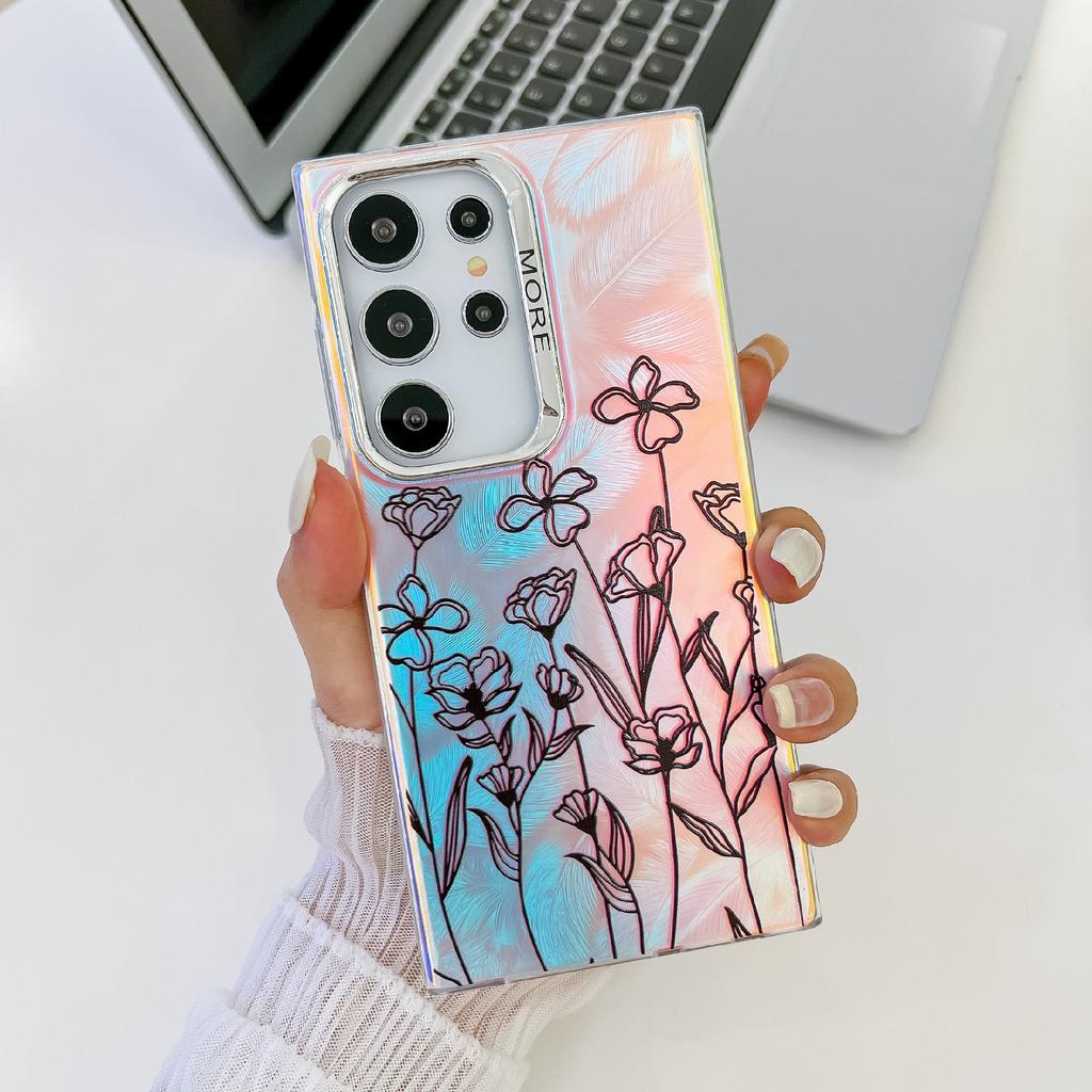 For Samsung Galaxy S22 Ultra 5G Slim Case Flower Pattern Electroplated Laser Effect Phone Cover