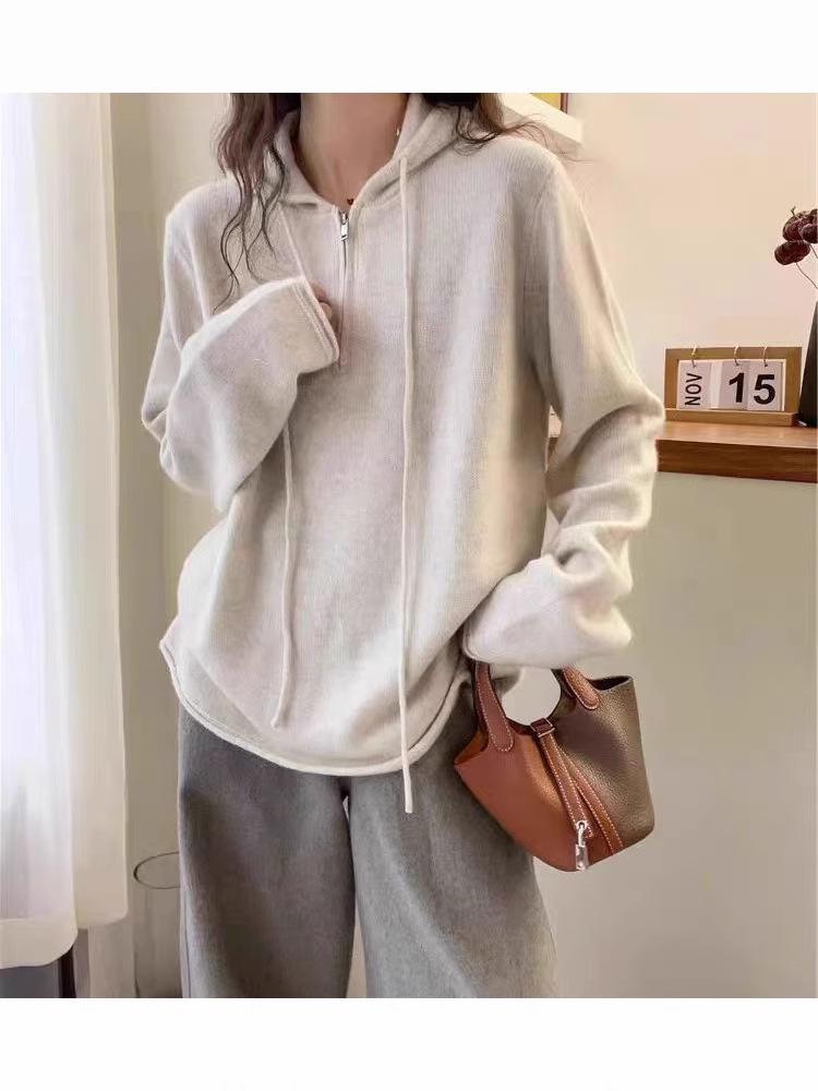 Women's Korean Style Half-Zip Hooded Wool Sweater - Slim Fit, Long Sleeve for Autumn & Winter