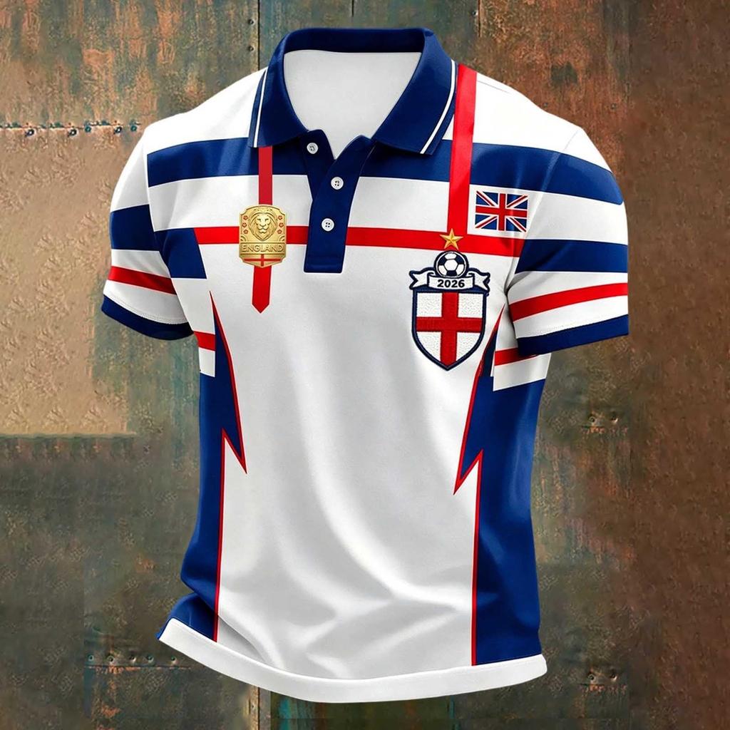 Camiseta Polo Clásica para Hombre con Estampado de Fútbol de Inglaterra Manga Corta Cuello de Botón Corte Casual Ropa de Fútbol para Aficionados